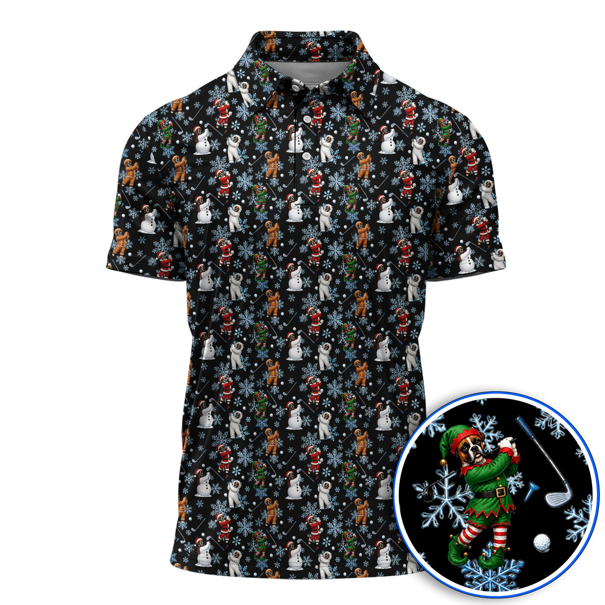 Boxer Christmas Pattern Golf Polos, Funny Holiday Boxer Golfer Shirt, Christmas Golf Gift for Dog Lovers