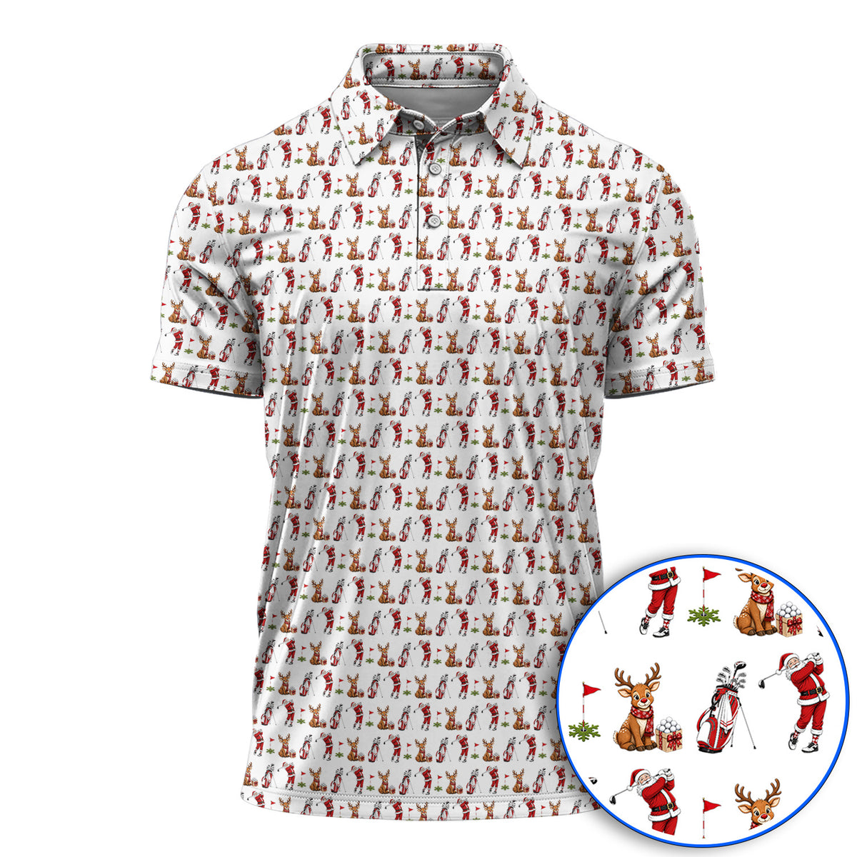 Christmas Golf Pattern Polos, Santa Reindeer Golf Shirt, Xmas Gift For Golfers
