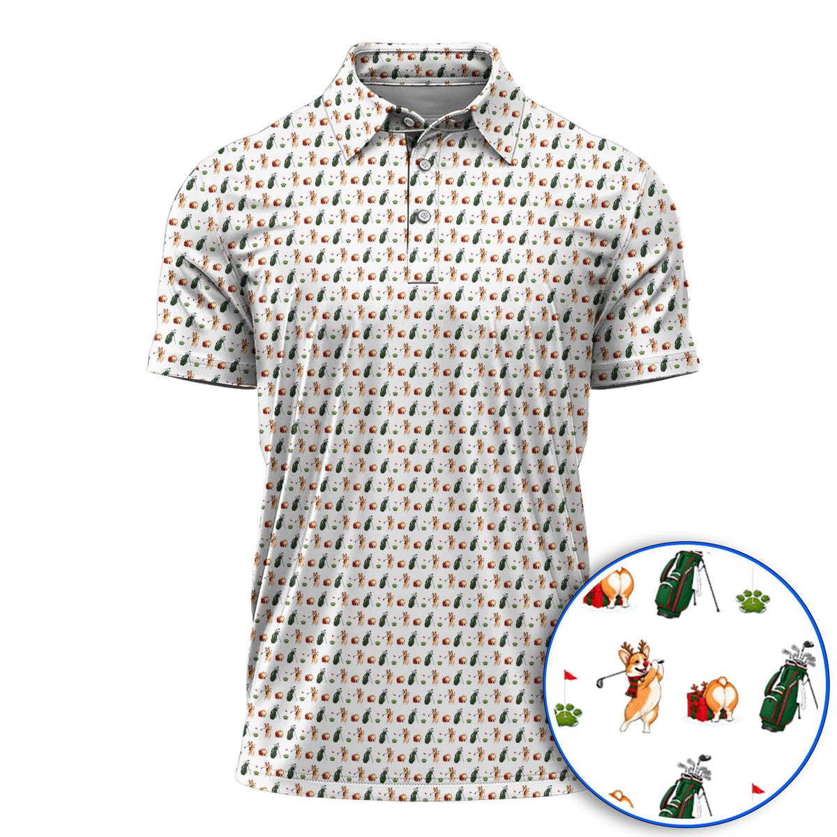 Funny Corgi Christmas Golf Polos, Xmas Corgi Pattern Golf Shirt, Golf Gift For Golfers