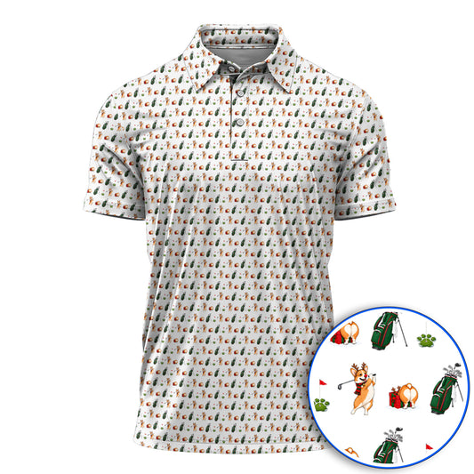 Funny Corgi Christmas Golf Polos, Xmas Corgi Pattern Golf Shirt, Golf Gift For Golfers
