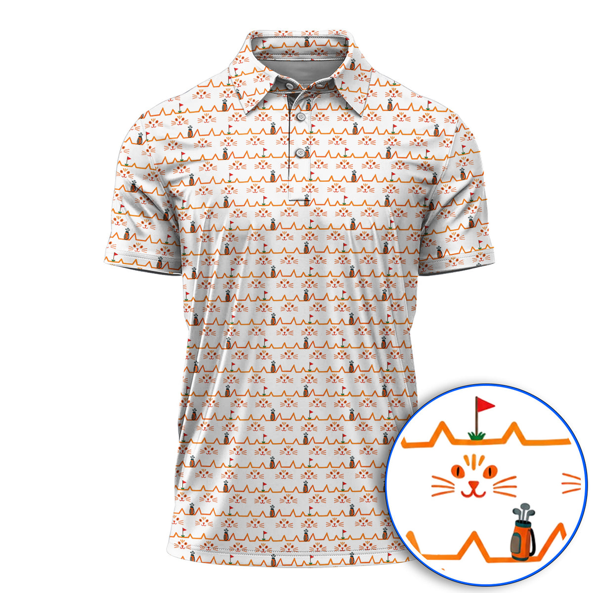 Cat Lover Golf Shirt, Turquoise Cat Face & Golf Bag Pattern Golf Polos, Funny Kitty Golf Gift for Golfers