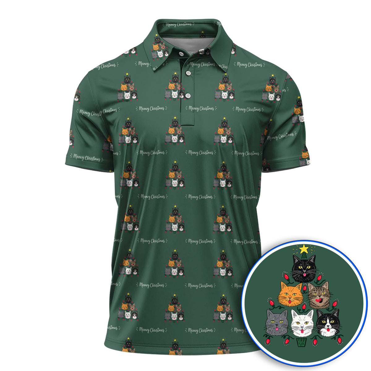 Meowy Christmas Cat Golf Polos, Festive Cat Christmas Pattern Golf Shirt, Xmas Golf Gift For Cat Lovers