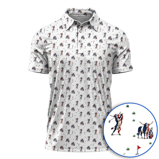 Texas Longhorn Pattern Golf Polos, Patriotic Bull Golf Shirt, Unique Texas Golf Gift For Golfer