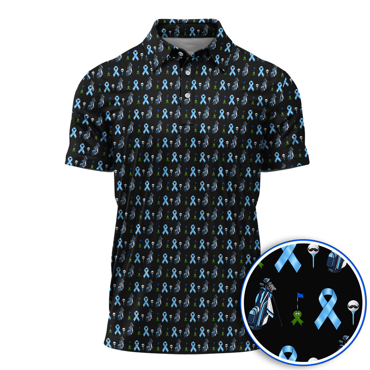 Prostate Cancer Awareness Golf Polos, Blue Ribbon Golf Pattern Shirt, Prostate Cancer Support Gift for Golfers