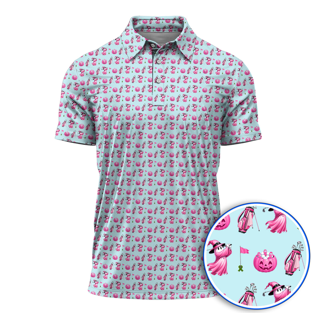 Pink Pumpkin Swing Breast Cancer Awareness Golf Shirt, Halloween Golf & Pink Ribbon Pattern Polos, October Golf Gift For Golfer