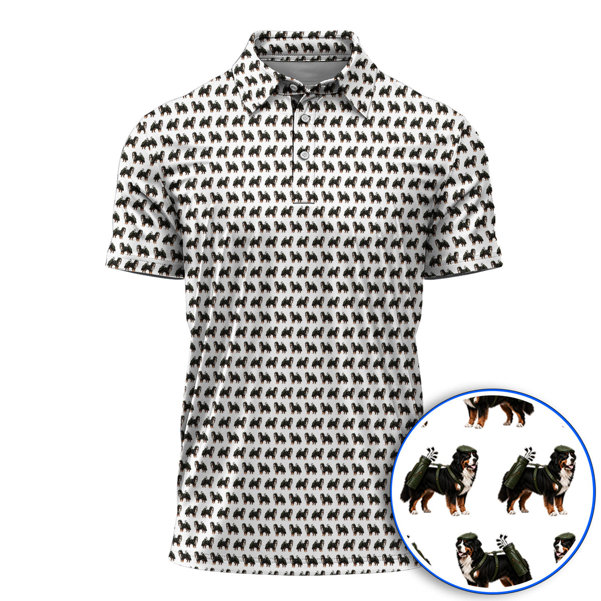 Funny Bernese Mountain Golf Pattern Polos, Bernese Golf Shirt For Dog Lover, Golf Gift For Golfer