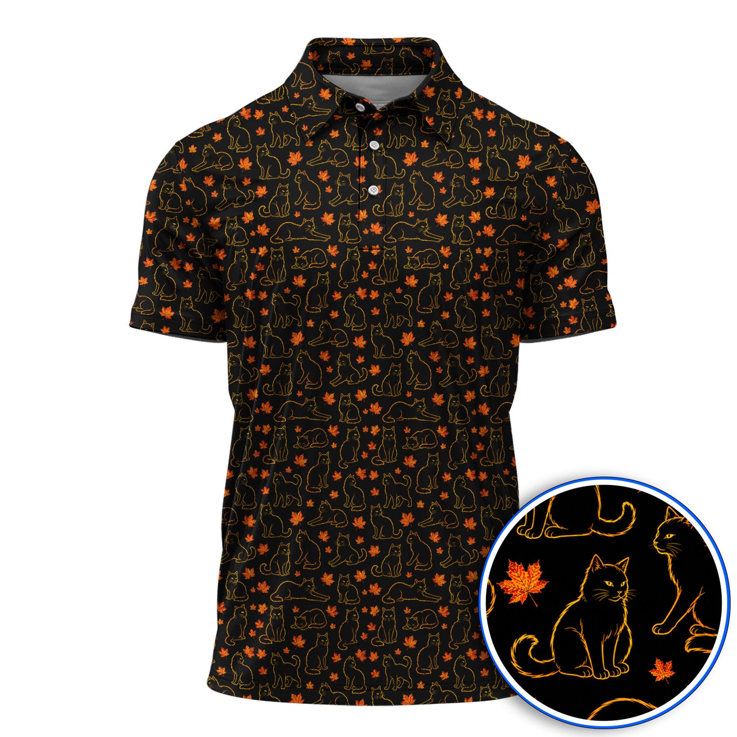 Autumn Black Longhair Cat Golf Polos, Black Longhair Cat Pattern Golf Shirt, Cat Lovers Golf Gift