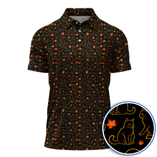 Autumn Black Longhair Cat Golf Polos, Black Longhair Cat Pattern Golf Shirt, Cat Lovers Golf Gift