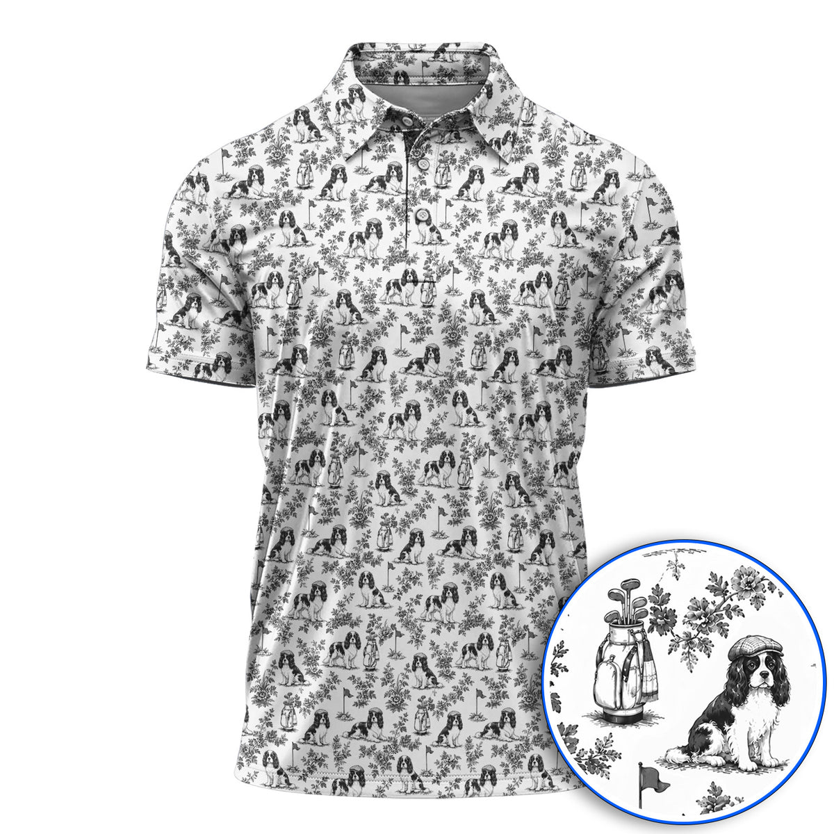 Funny Cavalier King Charles Spaniel Golf Polos, Toile de Jouy Cavalier Pattern Golf Shirt, Golf Gift For Golfer