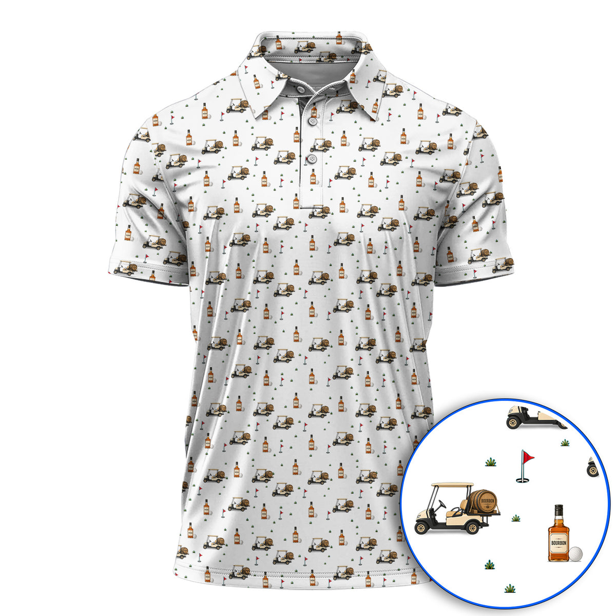 Bourbon Cart Golf Polos, Whiskey Barrel & Golf Course Pattern Shirt, Funny Golf Gift For Golfer