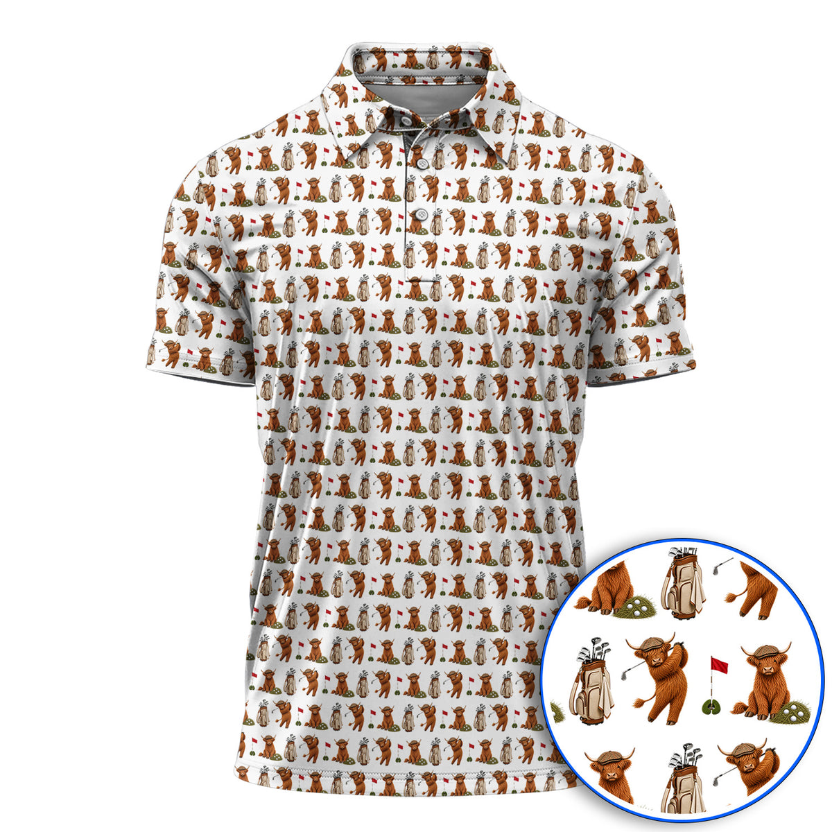 Funny Highland Cow Golf Polos, Highland Cow Pattern Golf Shirt, Golf Gift For Golfer