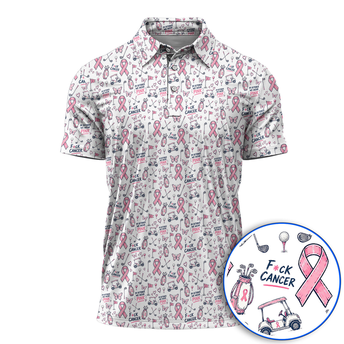 Fight Cancer Golf Shirt, Pink Ribbon Golf Cart Pattern Polos, Breast Cancer Awareness Gift for Golfers