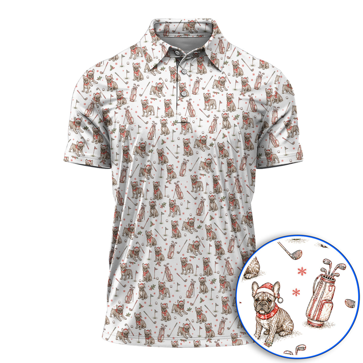 French Bulldog Christmas Golf Polos, Vintage Holiday Dog Pattern Golf Shirt, Xmas Golf Gift for Golfers