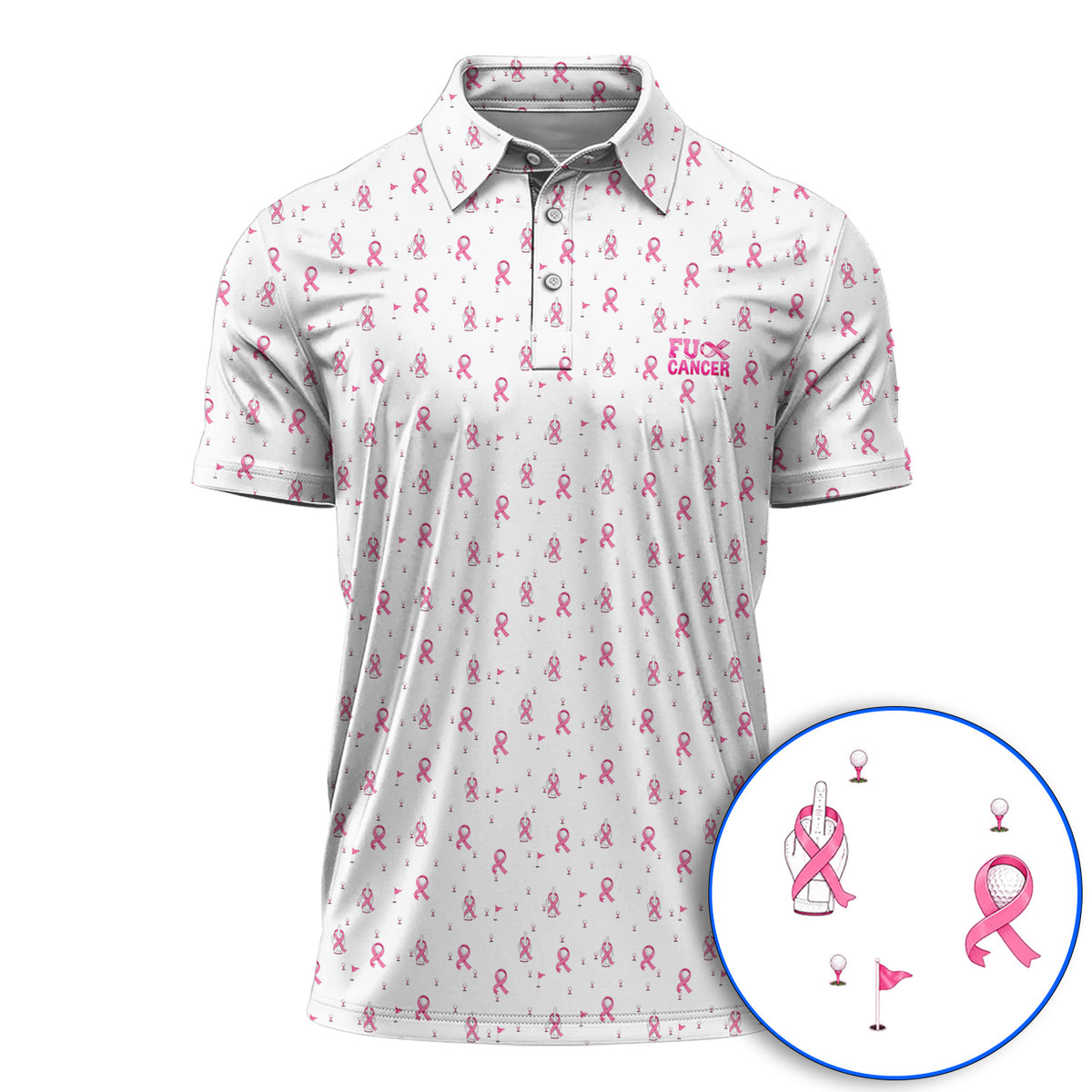 Pink Ribbon Golf Polos, Breast Cancer Awareness Pattern Golf Shirt, Supportive Golfer Gift for Golfer