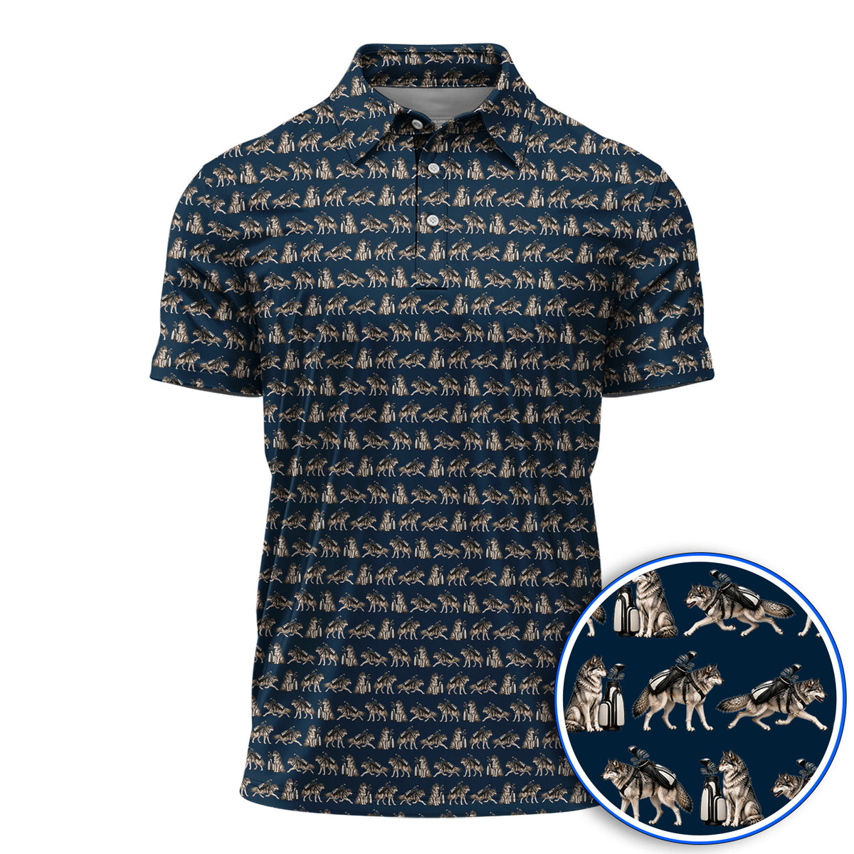 Wolf Golf Pattern Polos, Wild Wolf Golfing Shirt, Unique Wolf Golf Gift for Golfers