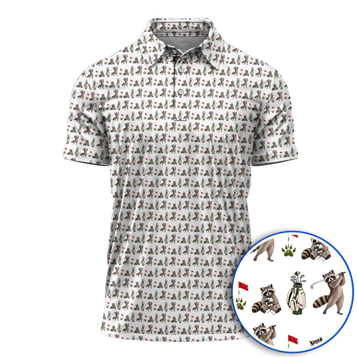 Raccoon Golf Pattern Polos, Funny Raccoon Golf Shirt, Woodland Golf Gift For Golfers