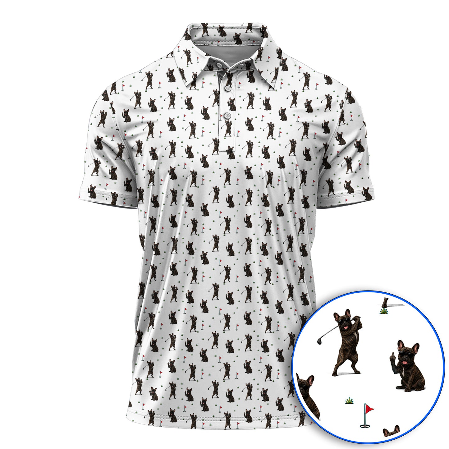 Frenchie Golf Shirt, French Bulldog Pattern Polos, Funny Golf Gift For Golfer