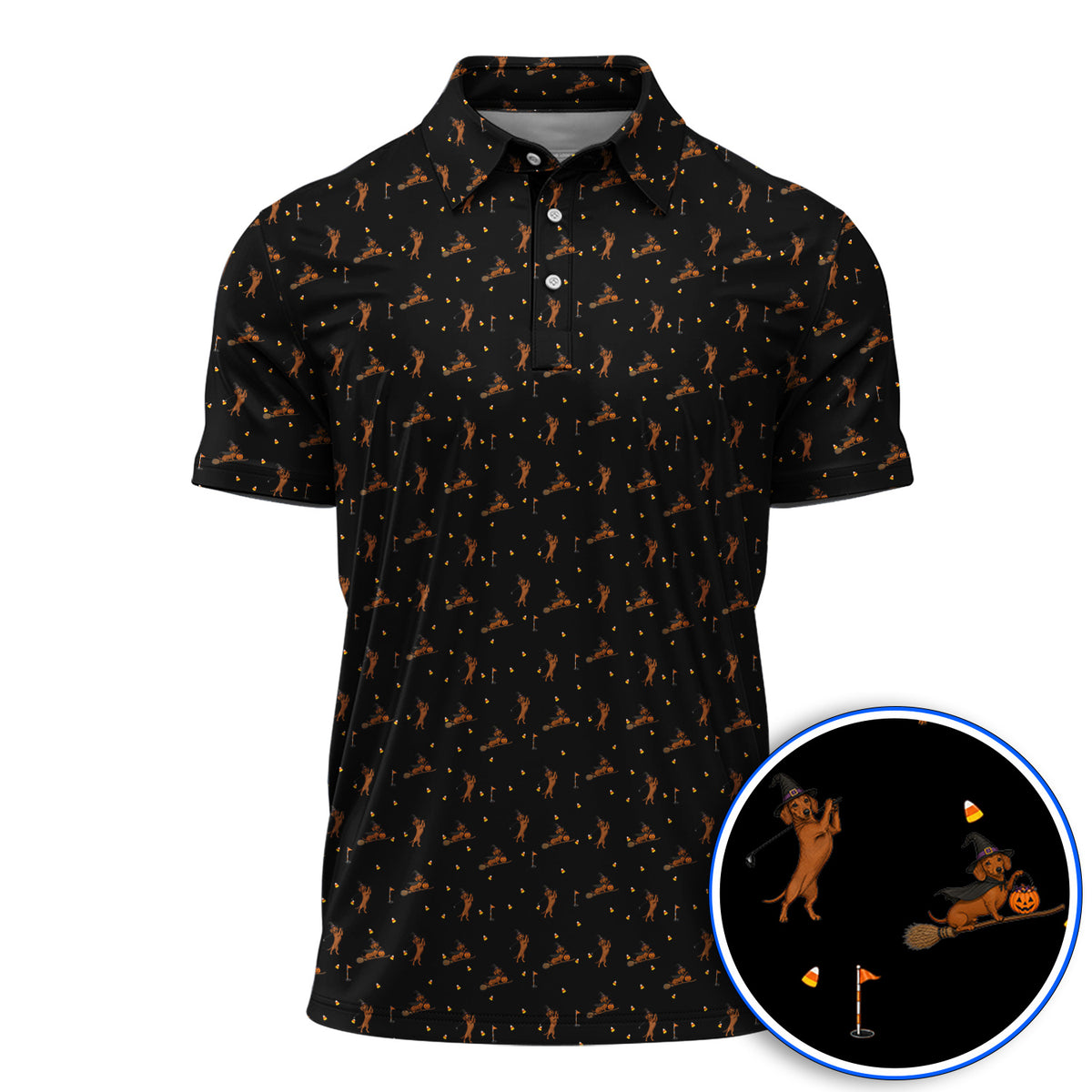 Funny Witch Dachshund Golf Shirt, Halloween Wiener Dog Pattern Golf Polos, Golf Gift for Golfer