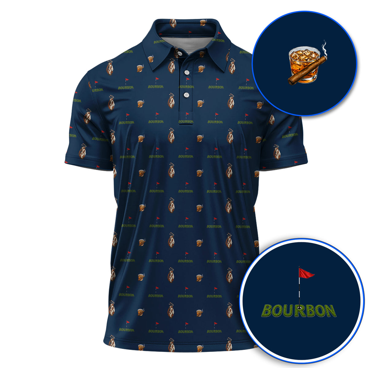 Bourbon & Cigar Golf Shirt, Whiskey Golf Pattern Polos, Funny Bourbon Gift For Golfers