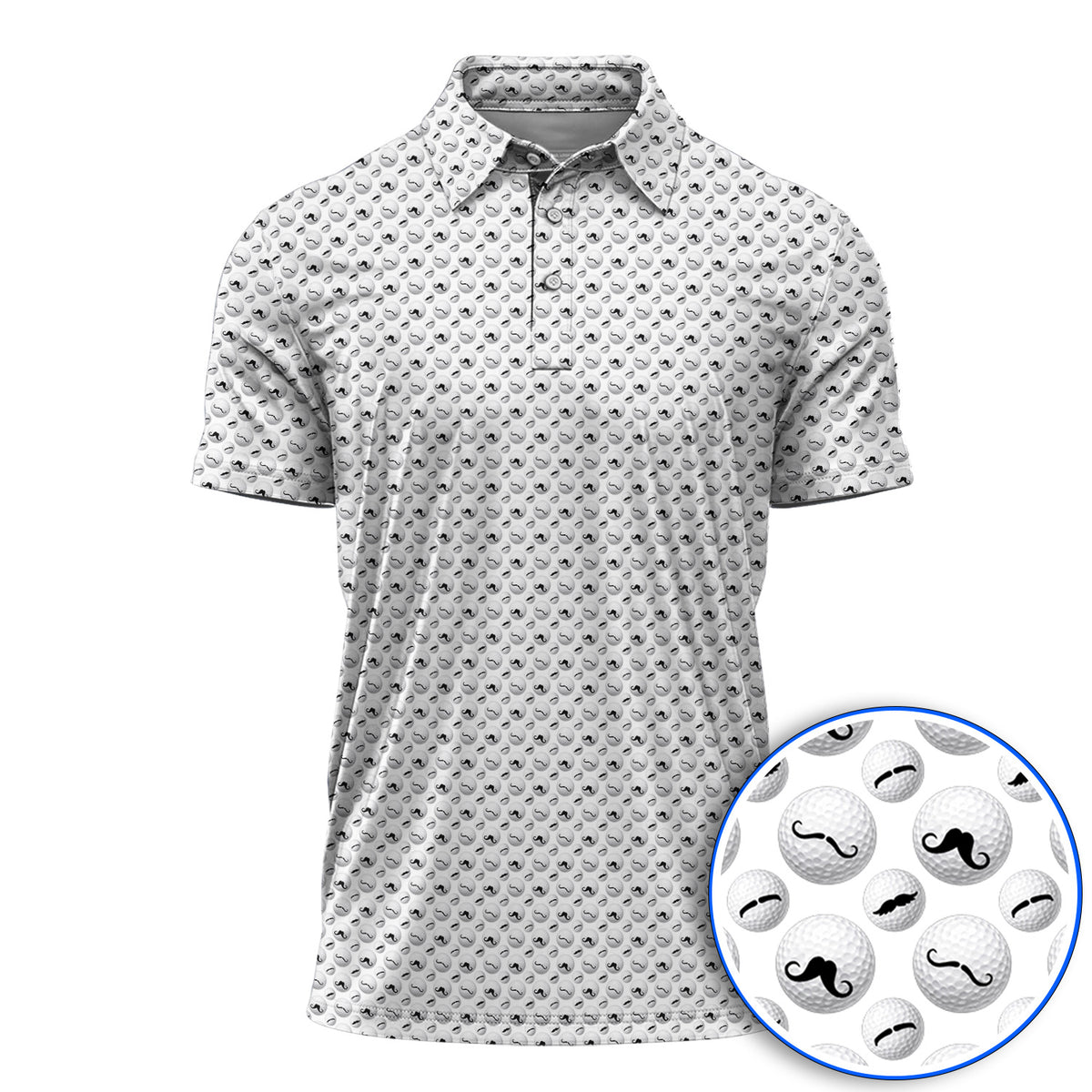 Mustache Golf Ball Polos, Funny Movember Golf Pattern Shirt, Gift for Golfers
