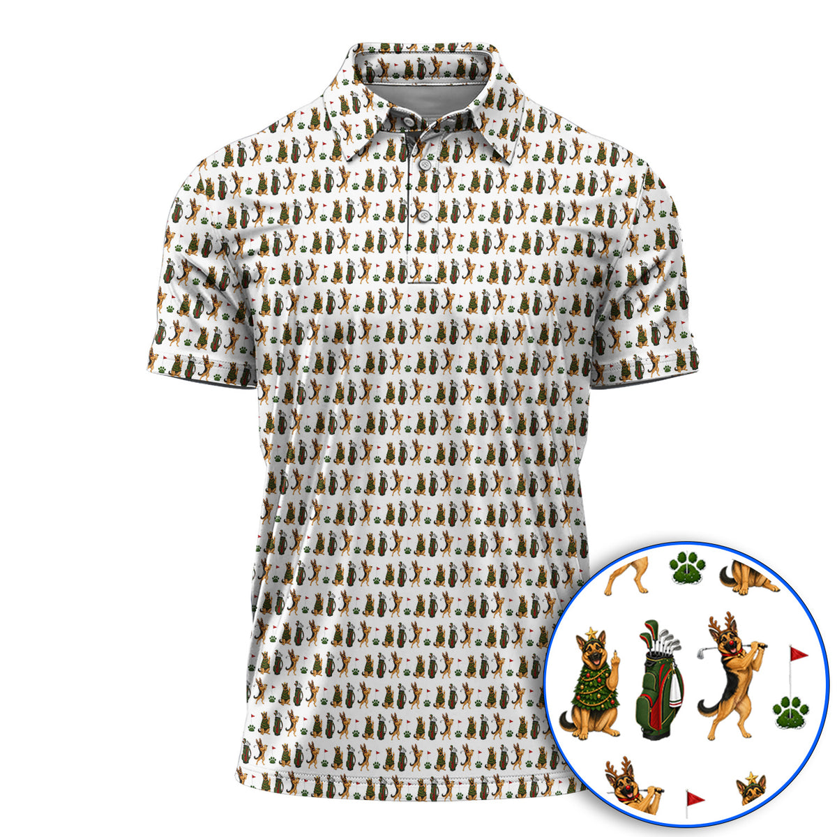 German Shepherd Christmas Golf Shirt, German Shepherd Pattern Golf Polos, Xmas Golf Gift For Golfer
