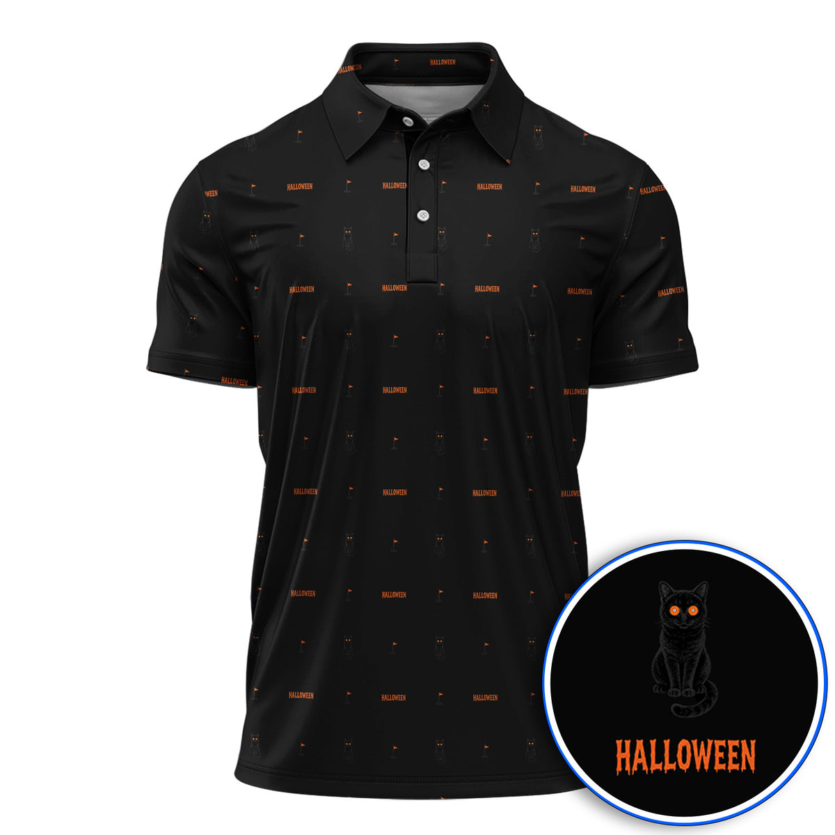 Black Cat Halloween Golf Polos, Spooky Cat Pattern Golf Shirt for Halloween Lovers, Funny Golf Gift for Golfers