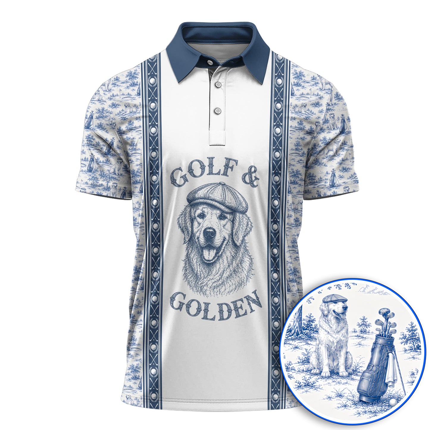 Golden Retriever Golf Shirt, Toile De Jouy Golden Pattern Golf Polos, Crazy Golf Gift For Golfer