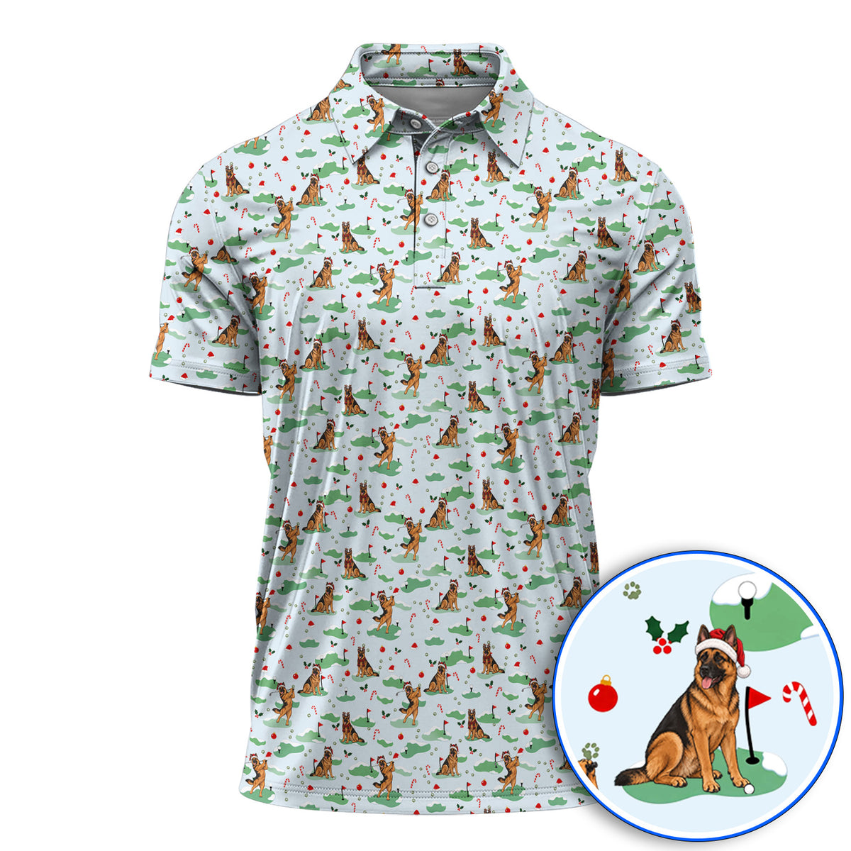 Funny German Shepherd Christmas Golf Shirt, German Shepherd Pattern Golf Polos, Xmas Golf Gift for Golfers