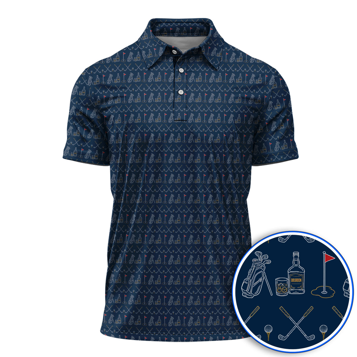 Bourbon Golf Shirt, Whiskey & Golf Club Pattern Polos, Classic Gift For Bourbon Loving Golfers