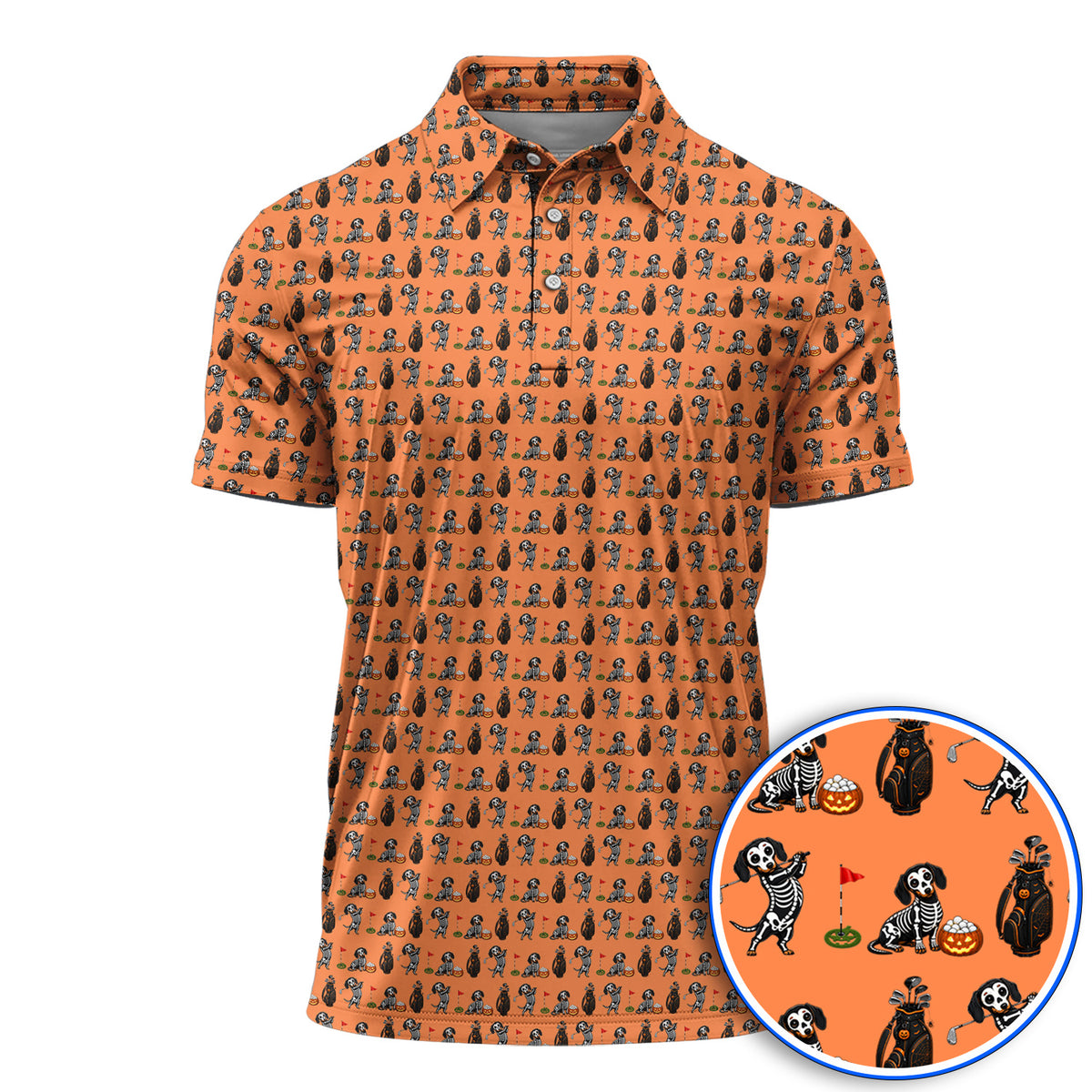 Halloween Dachshund Golf Polos, Skeleton Wiener Dog Pattern Golf Shirt, Funny Golf Gift for Golfer