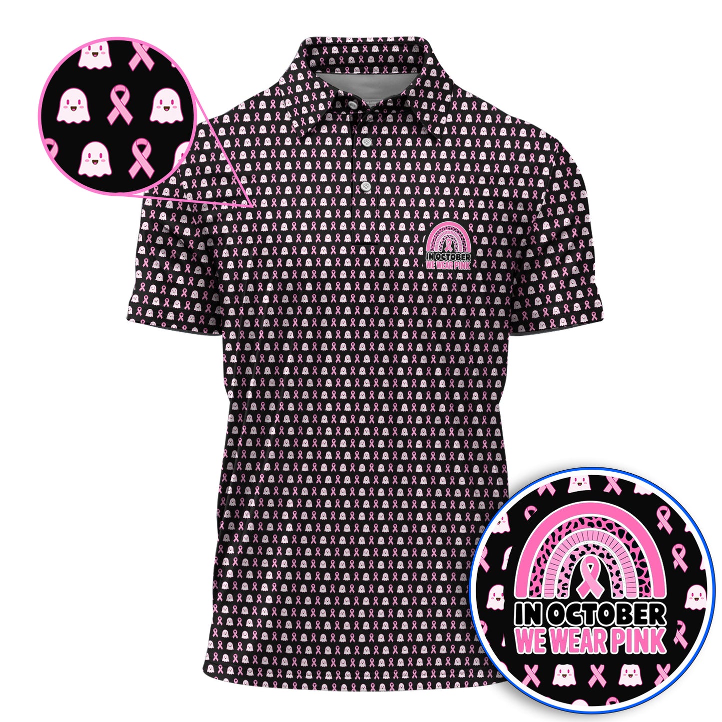 Breast Cancer Awareness Golf Polos, In October We Wear Pink Pattern Golf Shirt, Pink Ribbon Golf Gift for Breast Cancer Support