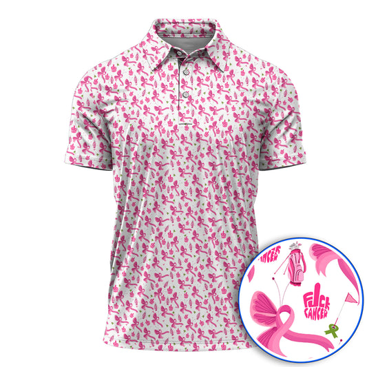 Fight With Every Swing Breast Cancer Awareness Golf Polos, Pink Ribbon & Golf Pattern Shirt, Support Gift for Golfers