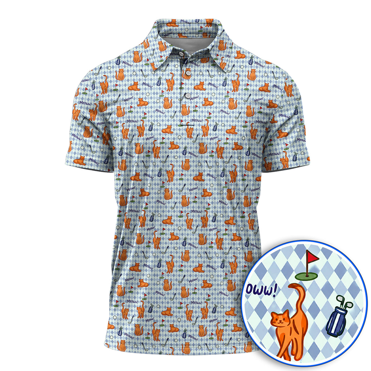 Cute Orange Cat Golf Shirt, Meow Cat And Golf Pattern Polos, Funny Cat Golf Gift For Golfer