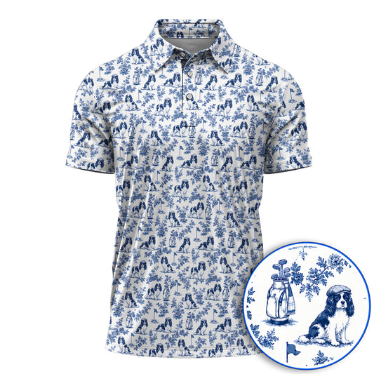 Funny Cavalier King Charles Spaniel Golf Polos, Toile de Jouy Cavalier Pattern Golf Shirt, Golf Gift For Golfer