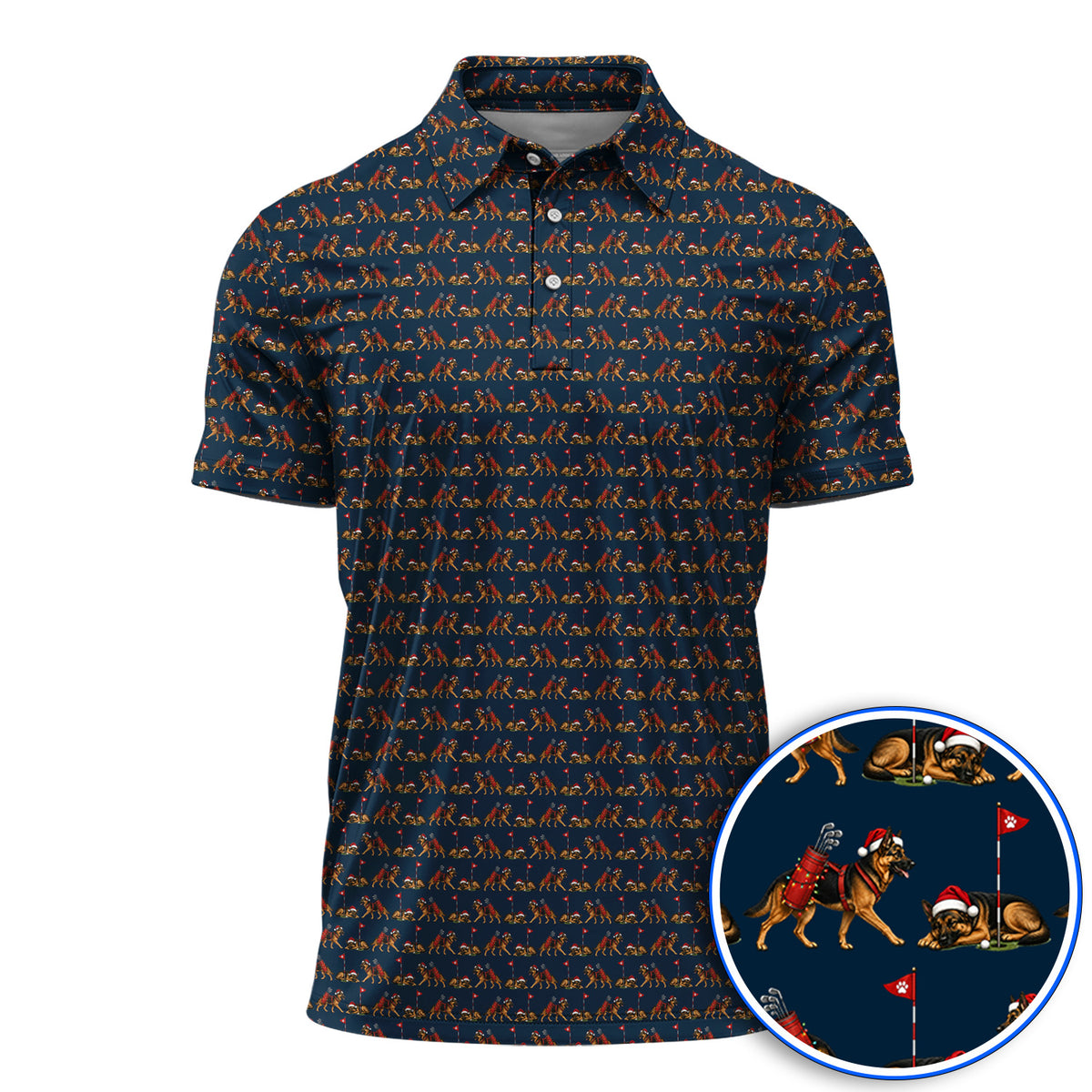 German Shepherd Christmas Golf Shirt, German Shepherd Pattern Golf Polos, Holiday Golf Gift for Dog Lovers