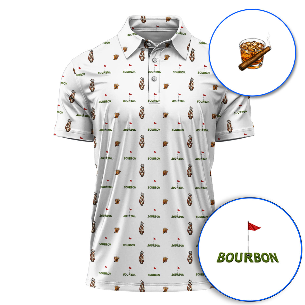 Bourbon & Cigar Golf Shirt, Whiskey Golf Pattern Polos, Funny Bourbon Gift For Golfers