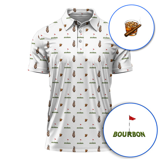 Bourbon & Cigar Golf Shirt, Whiskey Golf Pattern Polos, Funny Bourbon Gift For Golfers