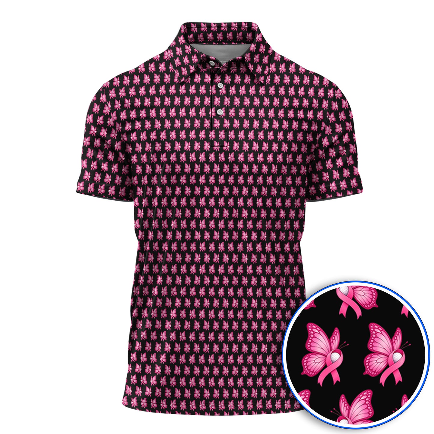 Breast Cancer Awareness Golf Polos, Pink Ribbon Butterfly Golf Shirt for Golf Lovers, Support Cancer Awareness Golf Gift