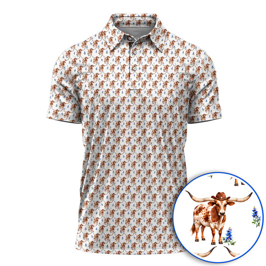 Crazy Texas Golf Shirt, Western Cowboy Longhorn Patatern Golf Polos, Texas Bluebonnet Golf Gift For Golfers