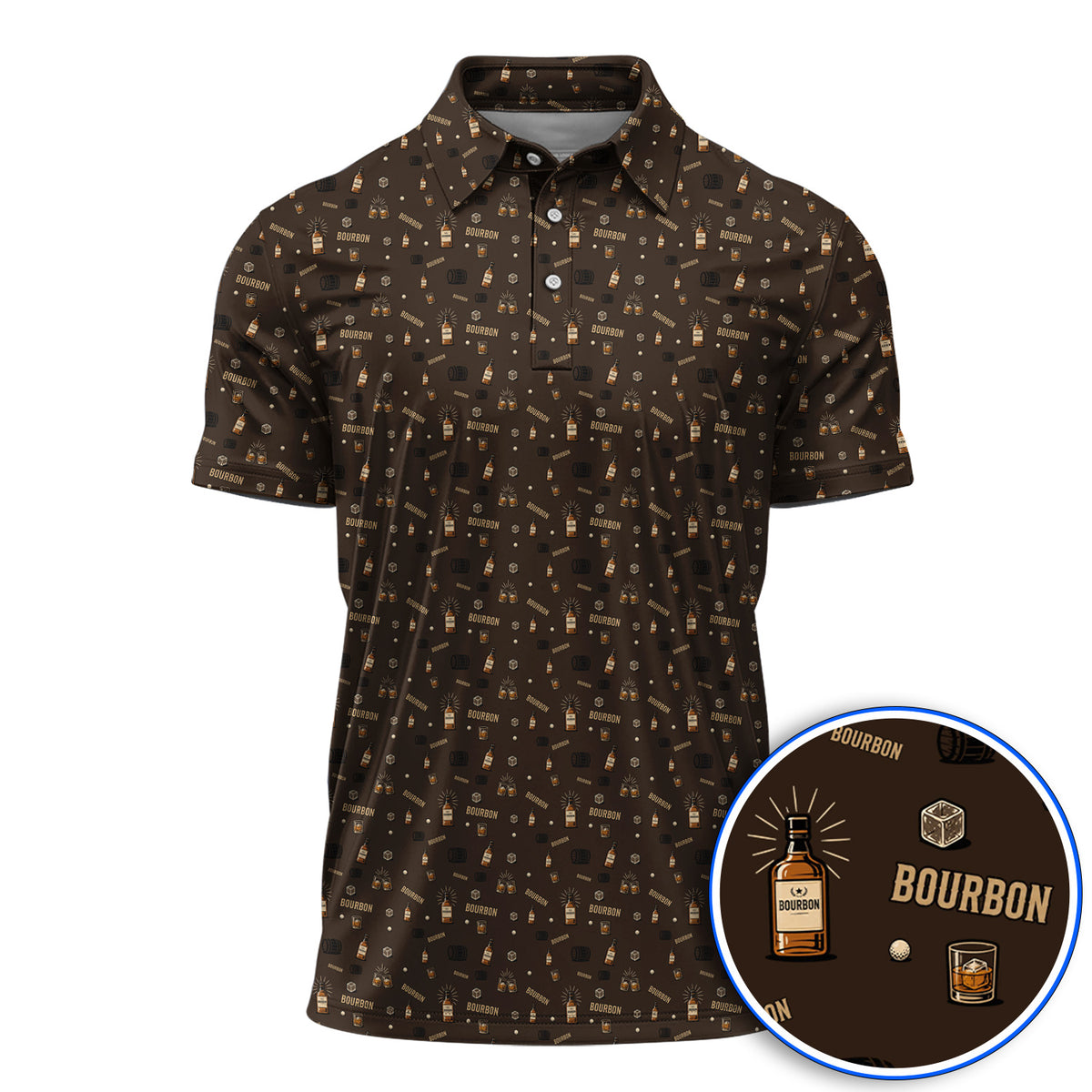 Bourbon Barrel Golf Polos, Whiskey Bottle & Rocks Pattern Shirt, Vintage Drinking Golf Shirt for Golfer