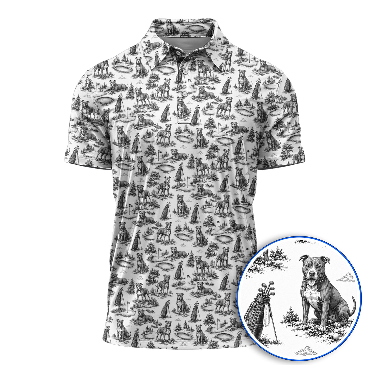 Crazy Pit Bull Golf Polos For Golfer, Toile de Jouy Pit Bull Pattern Golf Shirt, Dog Lover Golf Gift