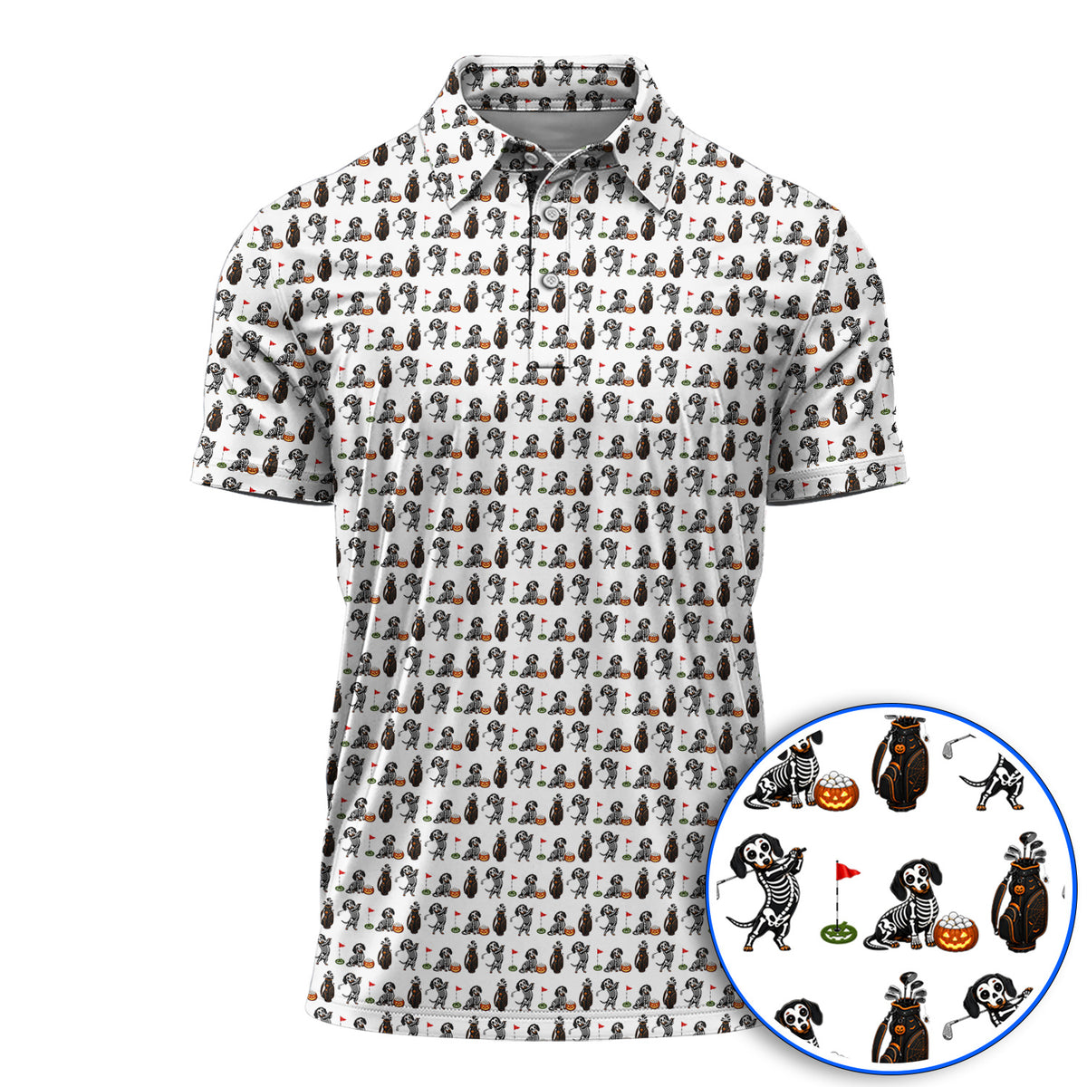 Halloween Dachshund Golf Polos, Skeleton Wiener Dog Pattern Golf Shirt, Funny Golf Gift for Golfer