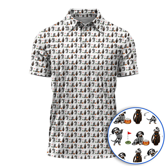Halloween Dachshund Golf Polos, Skeleton Wiener Dog Pattern Golf Shirt, Funny Golf Gift for Golfer