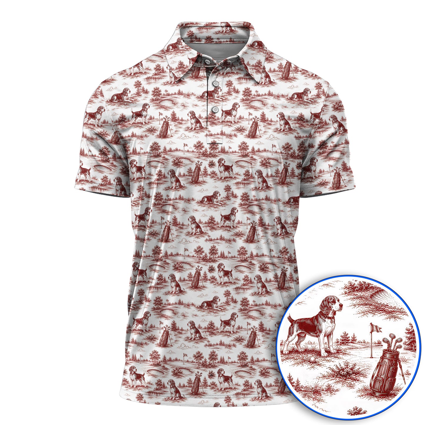 Beagle Toile De Jouy Golf Shirt, Vintage Dog Pattern Golf Polos, Beagle Lover Golf Gift