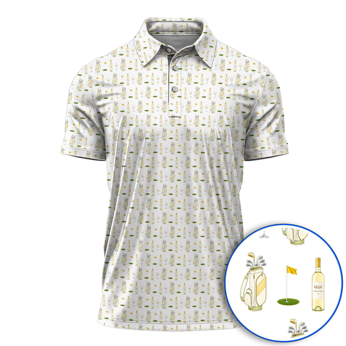 White Wine Pattern Golf Polos, Elegant Winery Golf Shirt, Wine Golf Gift For Golfer