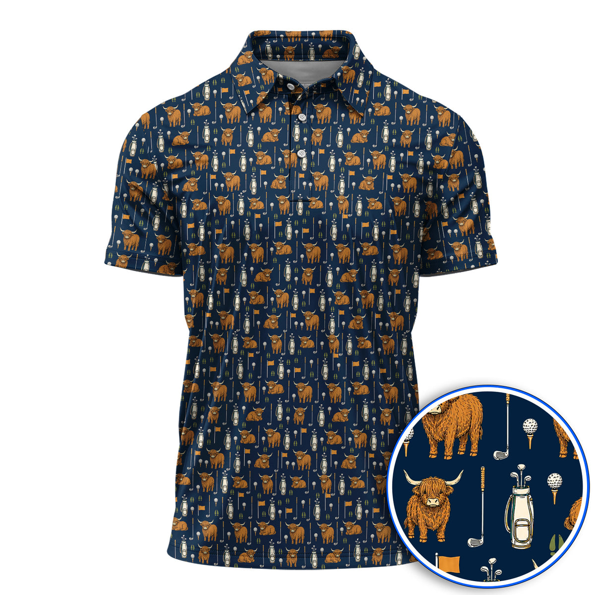 Highland Cow Fairway Polos, Highland Cow Golf Pattern Shirt, Golf Gift For Golfer