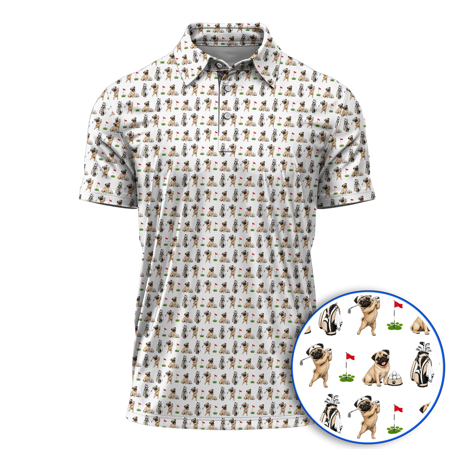 Funny Pug Golf Shirt, Pug Pattern Golf Polos, Dog Lover Golf Gift