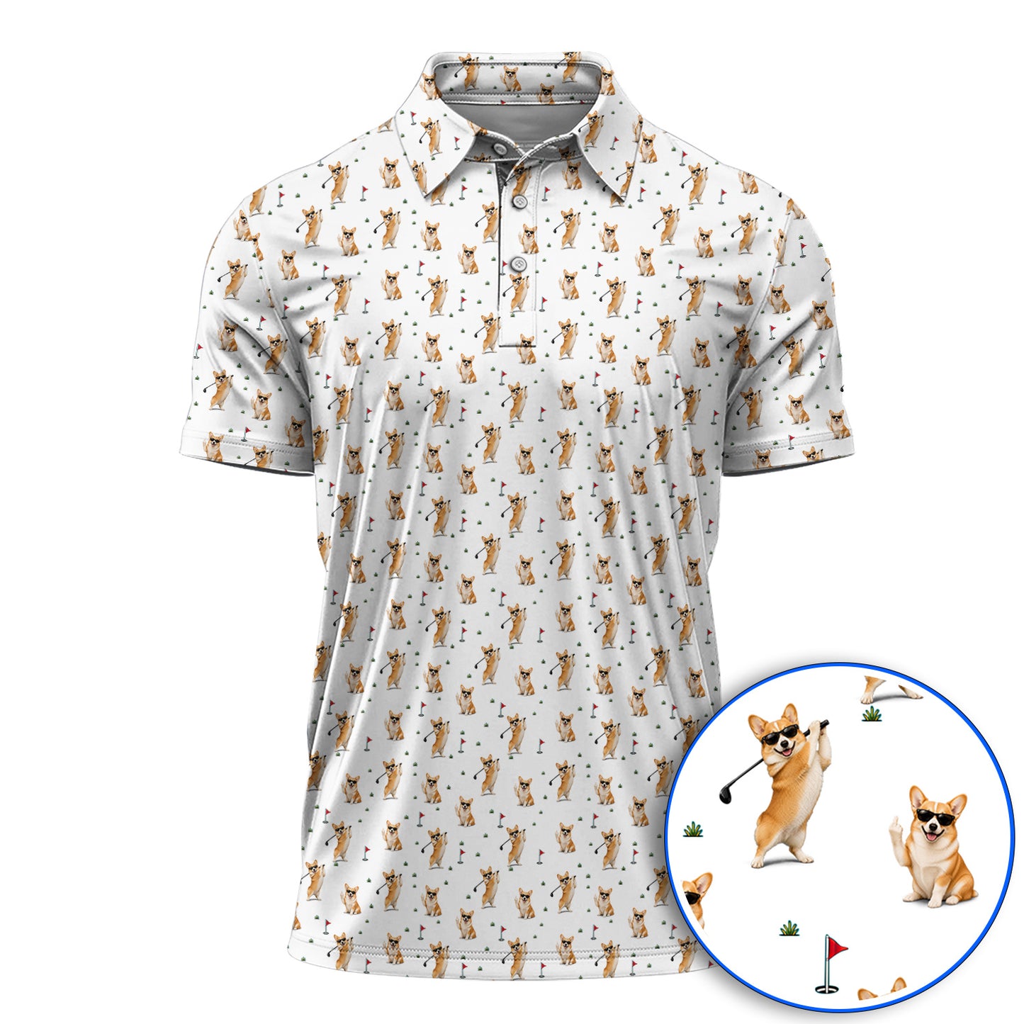 Funny Corgi Pattern Golf Polos, Pembroke Welsh Corgi Golf Shirt, Golf Gift For Golfer