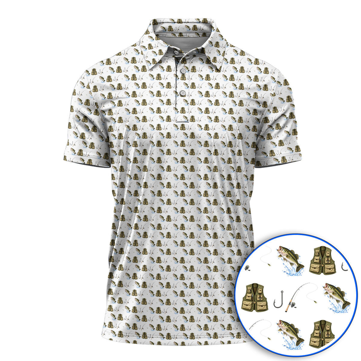 Bass Fishing Golf Polos, Largemouth Bass & Fishing Gear Pattern Golf Shirt , Crazy Golf Gift For Golfers