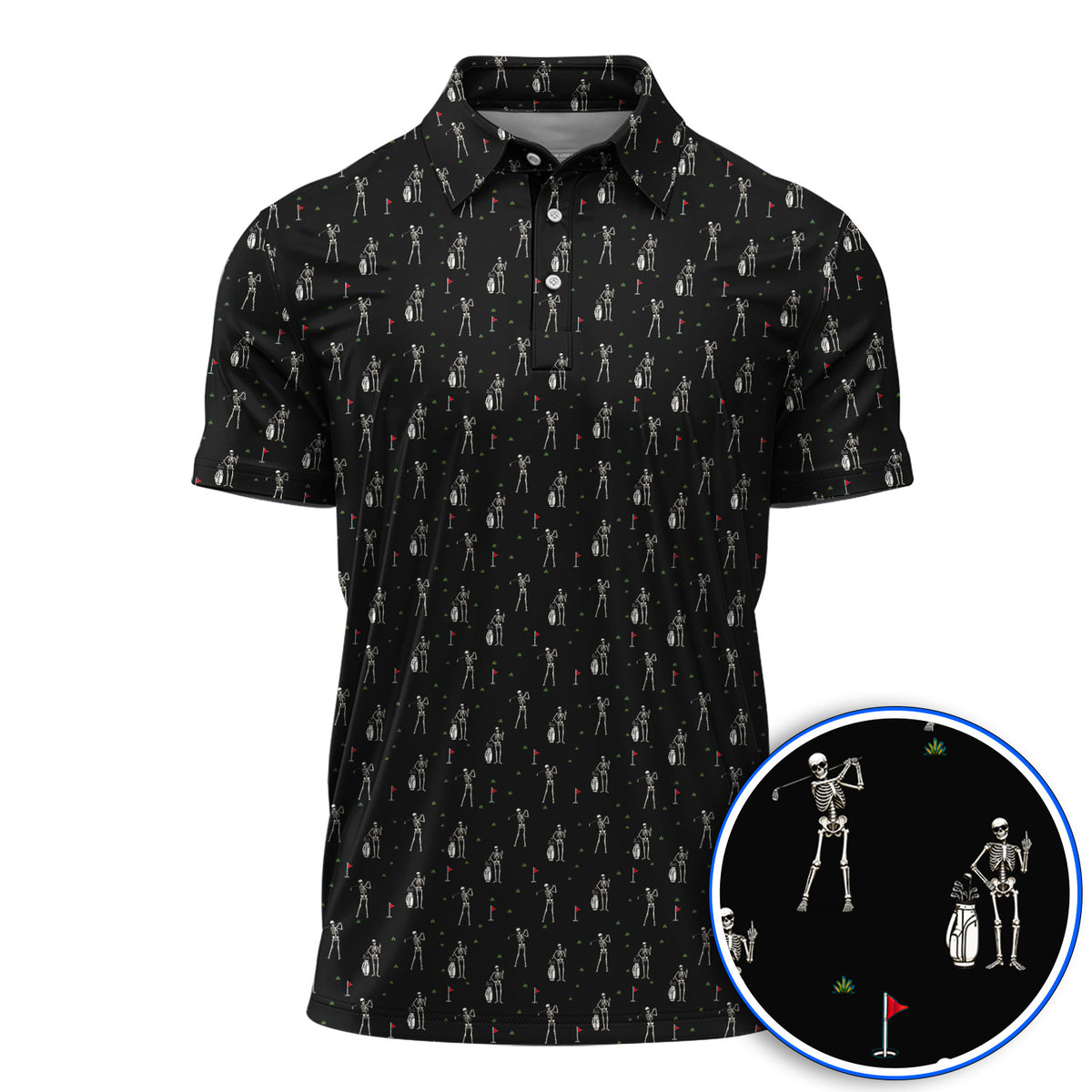 Funny Skeleton Golf Polos, Skeleton Pattern Golf Shirt, Golf Gift For Golfer
